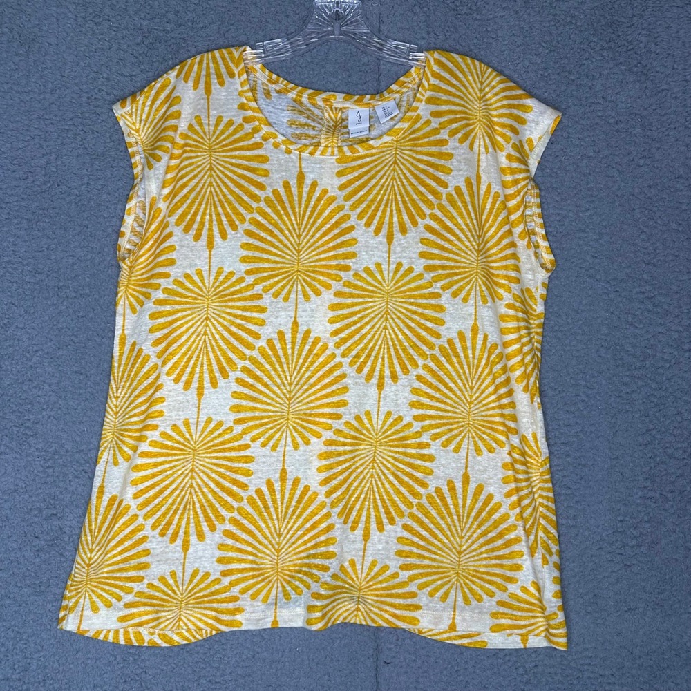 Joie Womens Large Yellow White Palm Print 100% Linen Button Back Sleeveless Top